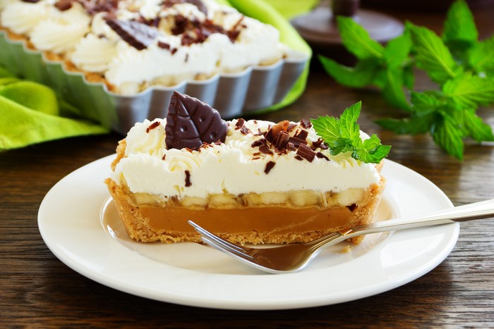 Slice of Banoffee Pie with Chocolate and Mint
