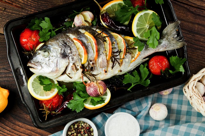 Roasted Fish with Lemon, Tomatoes, and Garlic