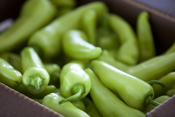 Green peppers in a box