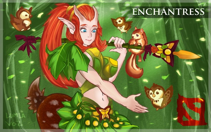 Enchantress from DOTA 2 with a staff and forest creatures