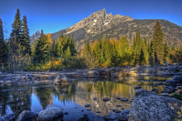 Grand Teton Mountains and Stream in Autumn