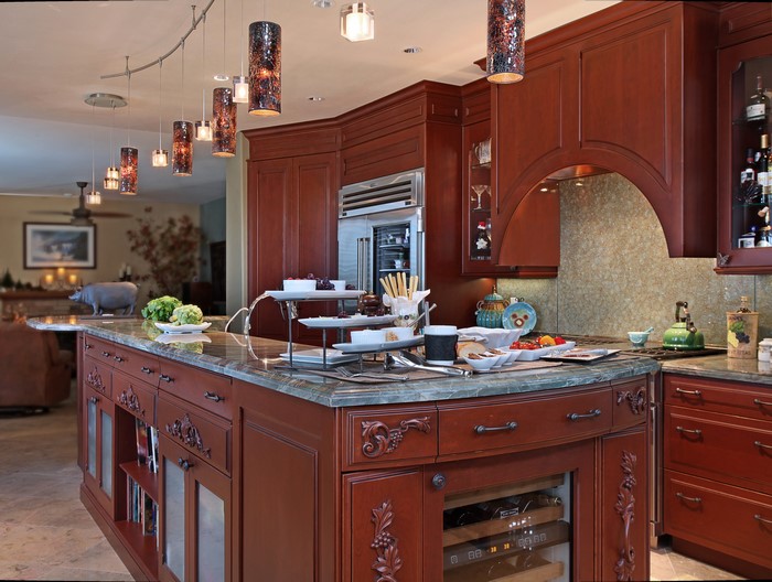 Kitchen Interior Design with Cherry Wood Cabinets and Island