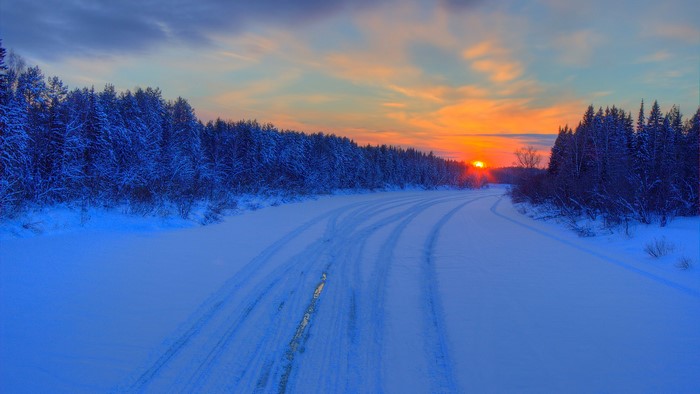 Winter road through a snowy forest at sunset