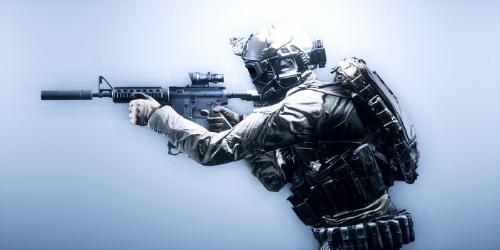 Soldier aiming assault rifle in Battlefield 4