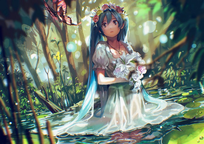 4K Hatsune Miku from Vocaloid in a forest