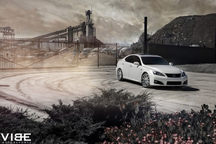 White Lexus ISF with Rohana Wheels at Industrial Site