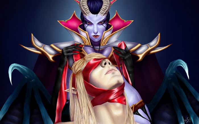Queen of Pain from DOTA 2 holding a blindfolded person