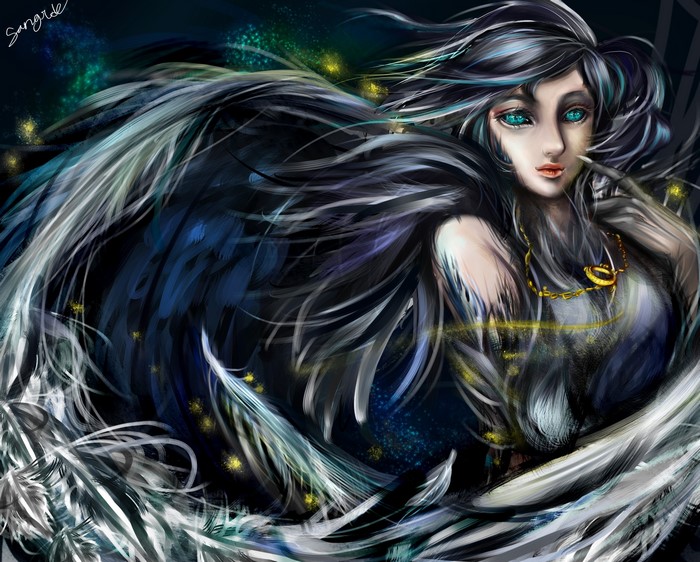 Woman with large black and white wings