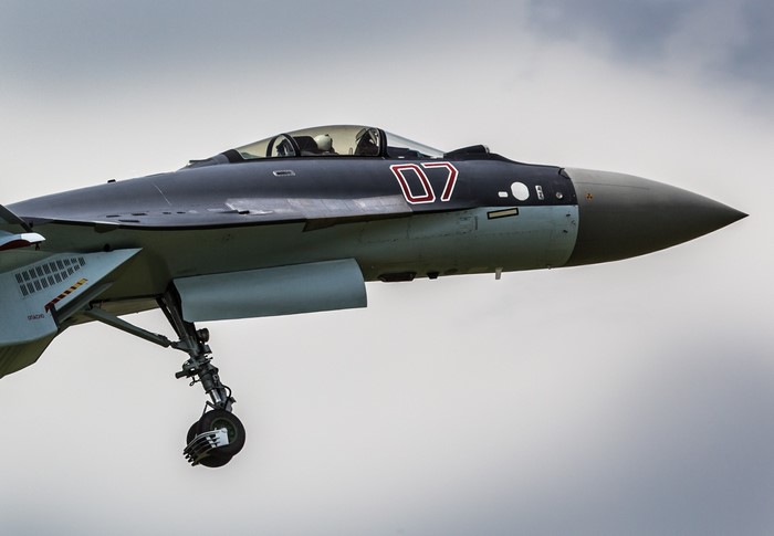 Sukhoi Su-35 fighter jet with landing gear down