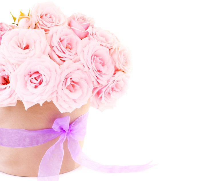 Pink Roses in a Vase with a Purple Bow