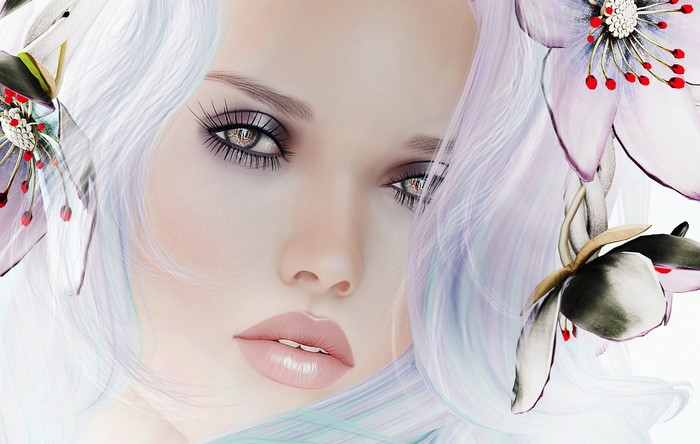 Close-up of a woman's face with flowers