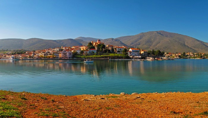Galaxidi, Greece: Houses, Mountains, and Coastline