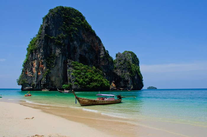 4K Krabi Thailand Boats Sea Coast Crag