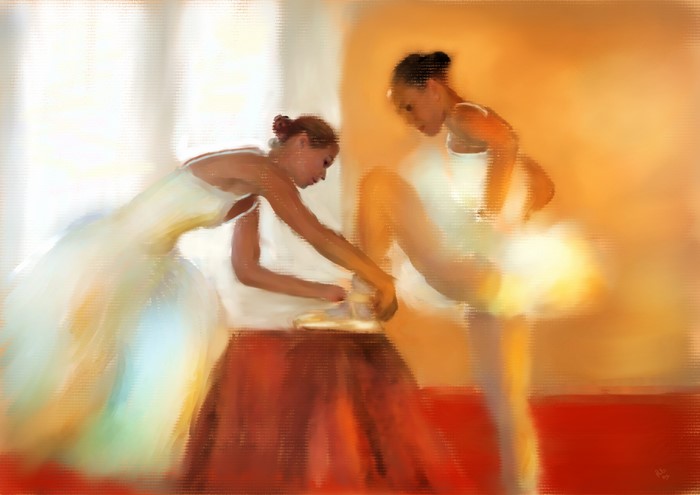 Two ballerinas preparing for a ballet performance