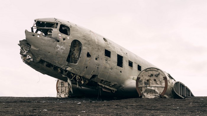 Wrecked Airplane on a Black Sand Beach