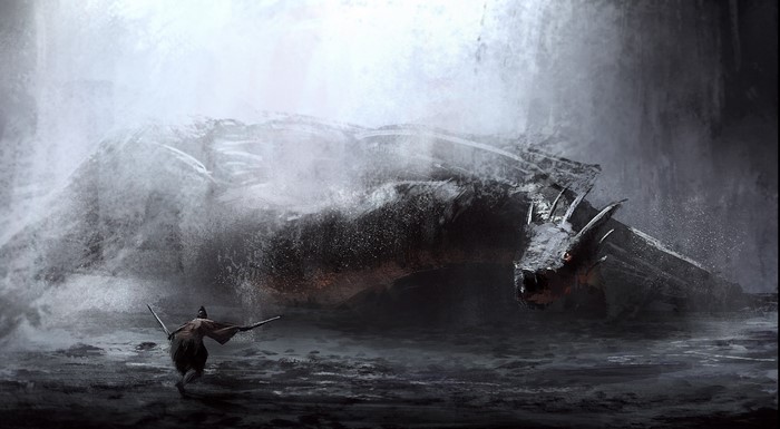 A warrior faces a large dragon in a misty environment