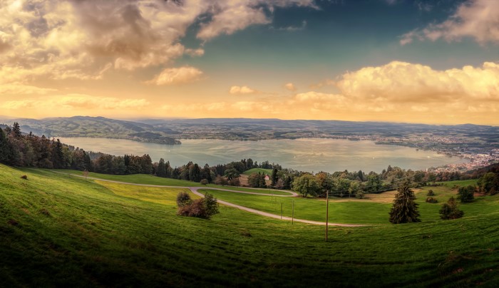 Panoramic view of Zugerberg, Switzerland with lake and mountains