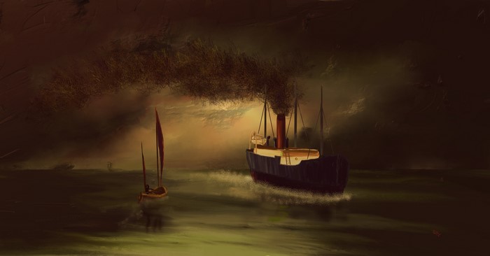4K Painting of Ships on a River with Smoke