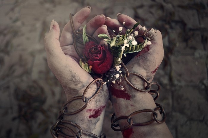 Hands chained with a rose and blood