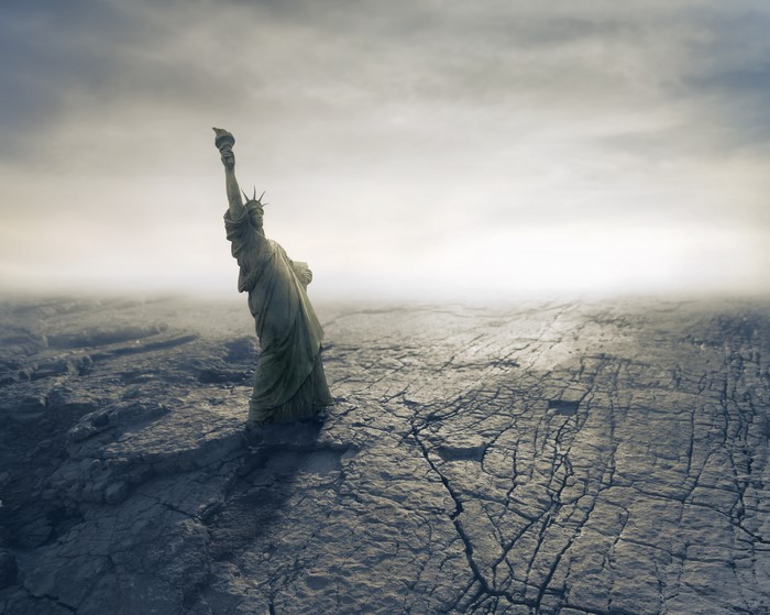 Statue of Liberty in a desolate landscape