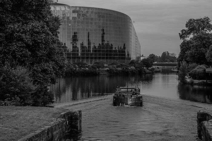 Strasbourg Parliament Building and Barge on River