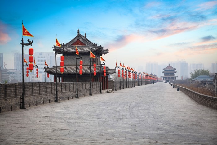 Ancient City Wall with Lanterns and Pagodas in China