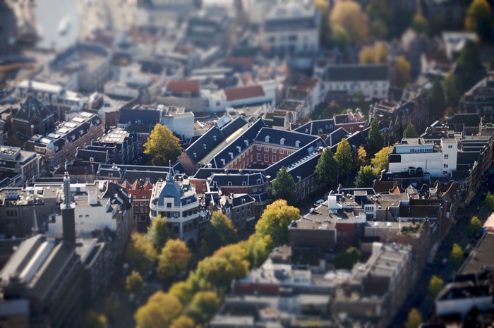 Aerial view of Amsterdam houses and streets