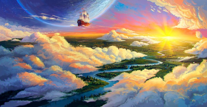 A sailing ship flies through clouds near a planet