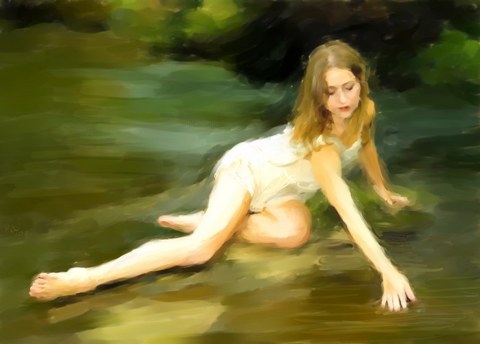 Woman in white dress touching water