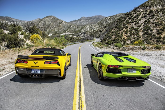 4K Corvette Z06 Convertible and Lamborghini Aventador LP700-4 on Road