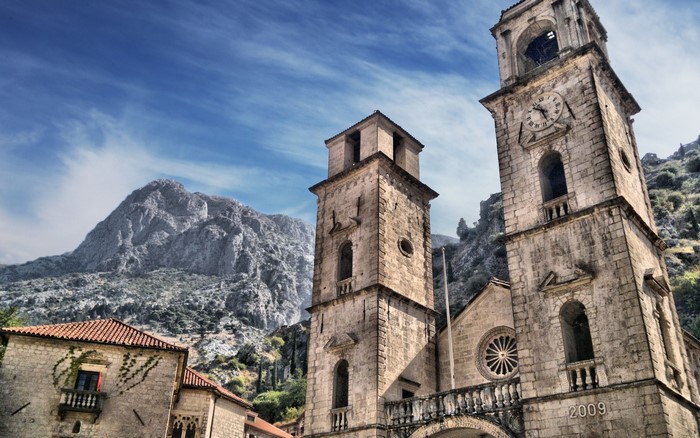 St. Tryphon Cathedral bell towers in Kotor, Montenegro