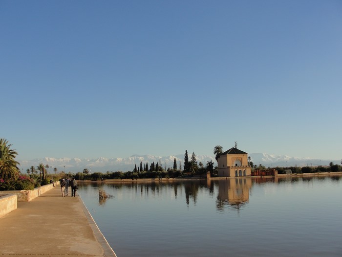 Menorah Garden Lake with Atlas Mountains in Marrakesh, Morocco