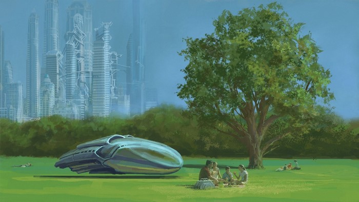 Futuristic Cityscape with a Picnic and a Spaceship