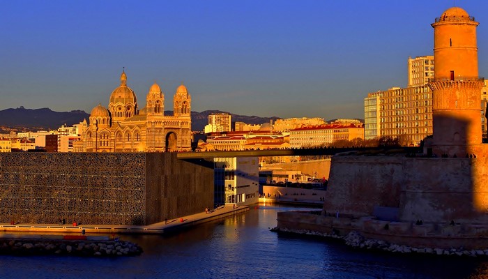 Marseille Cathedral and Fort Saint-Jean at sunset