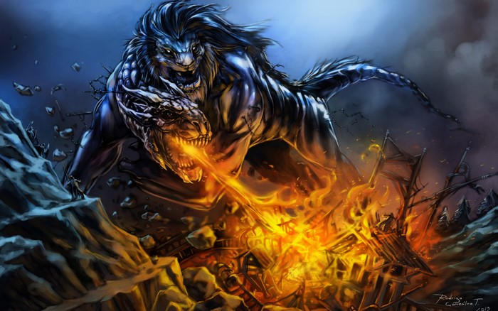 Monster and Dragon Battle with Fire and Debris