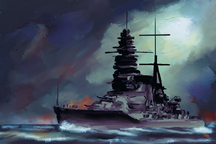 Battleship in rough seas with stormy skies