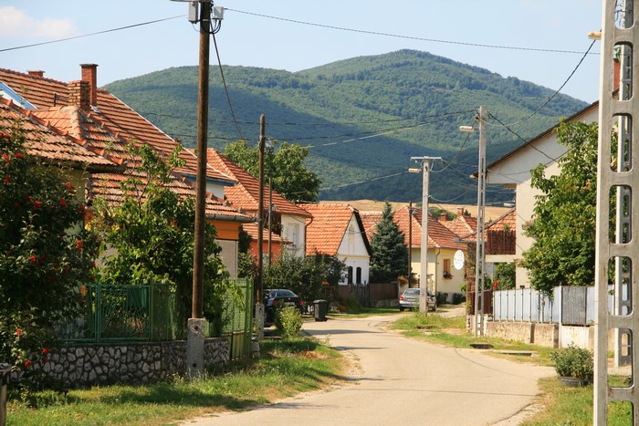 Street in Cserepfalu, Hungary with Houses and Mountains