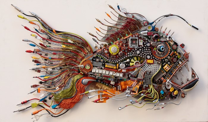 Fish sculpture made of electronic components and wires
