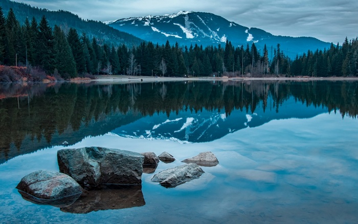 Mountain lake with reflections and rocks