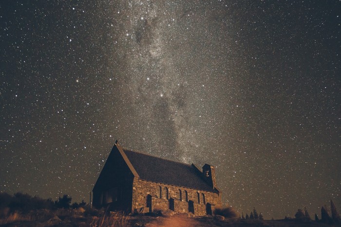 Church under the Milky Way at night