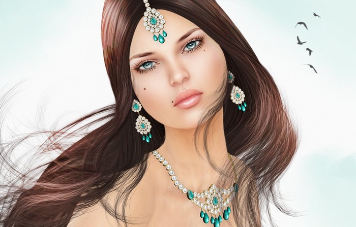 Brunette girl with jewelry and birds in the sky