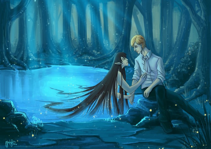 Elf woman and young man by a lake in a forest