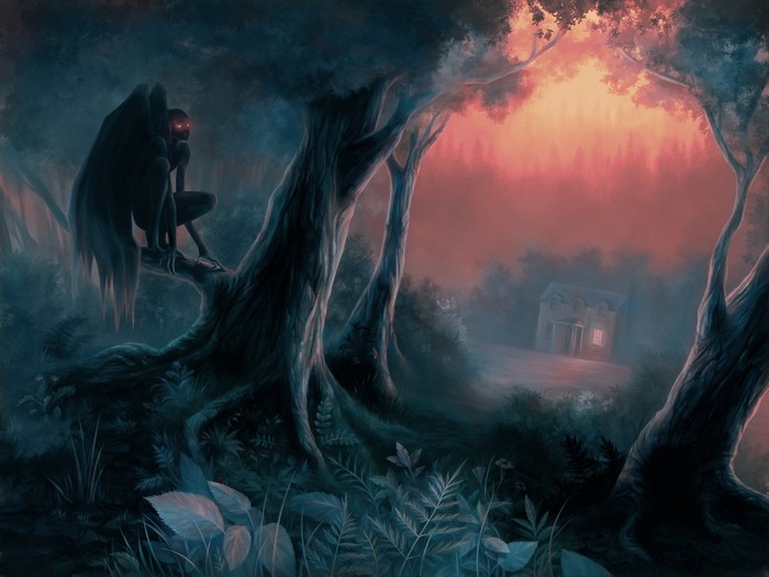Demon with wings in a dark forest near a house