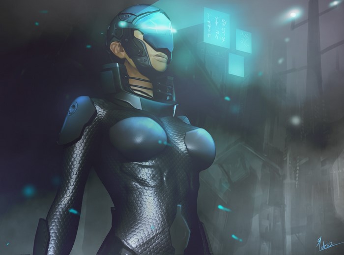 Sci-fi woman in futuristic armor with helmet