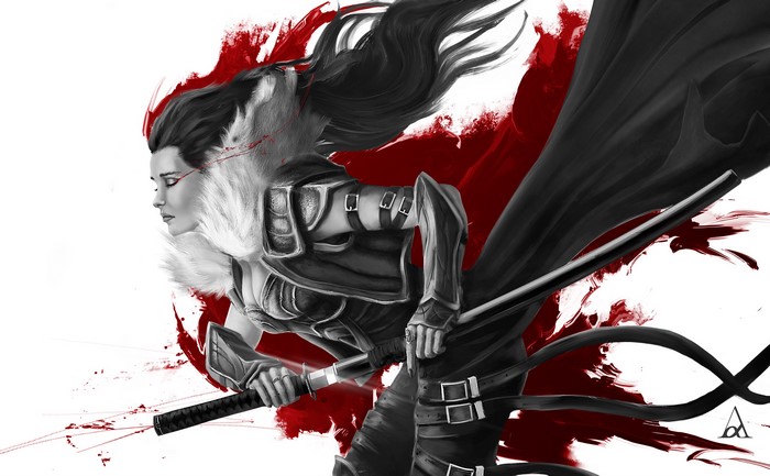 Warrior Woman with Katana and Blood Splatter