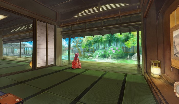 Girl in Kimono in Japanese Room Overlooking Garden