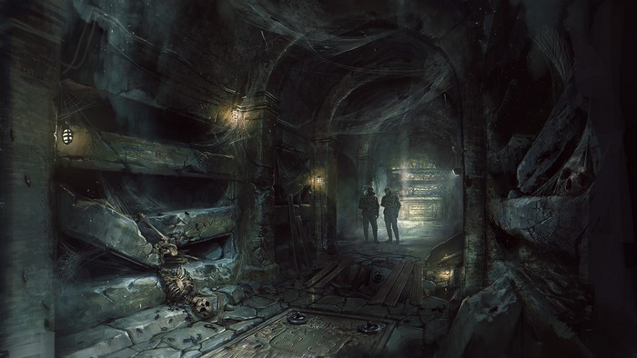 Two warriors in a dark, ancient tomb with skeletons