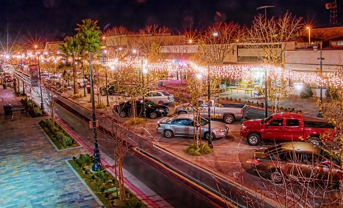 Lancaster, California street at night with fairy lights
