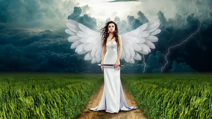 Angel with sword in stormy field