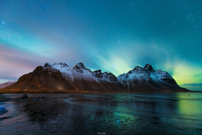 Vestrahorn Mountains Iceland Aurora Borealis Night